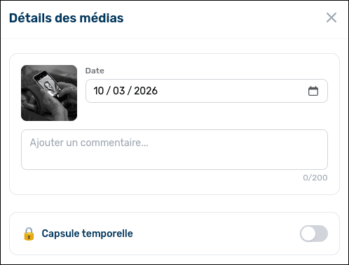 Écran de création d'une capsule temporelle sur MemoFamille — toggle et sélecteur de date