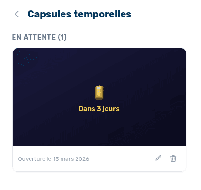 Liste des capsules temporelles en attente sur MemoFamille — compte à rebours avant ouverture