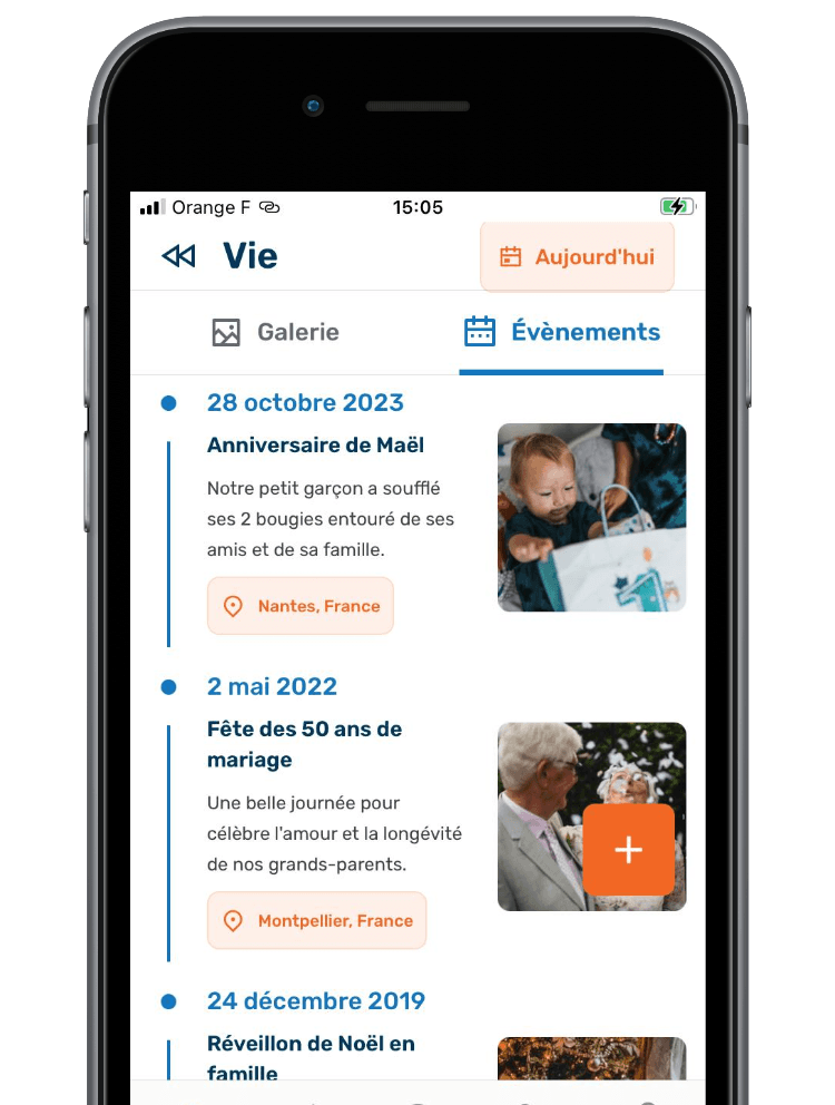Vue de la page d'événements de MemoFamille