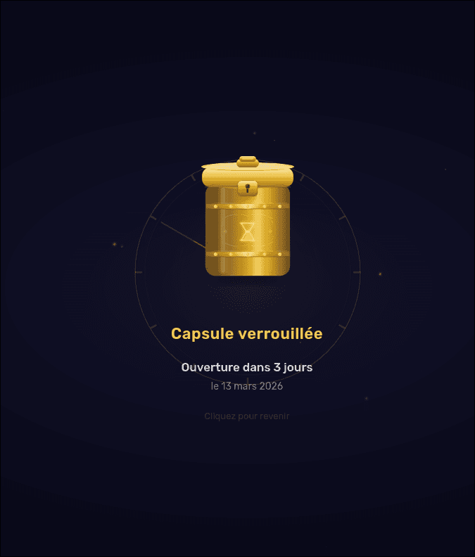 Animation de capsule temporelle verrouillée sur MemoFamille — coffre doré avec compte à rebours